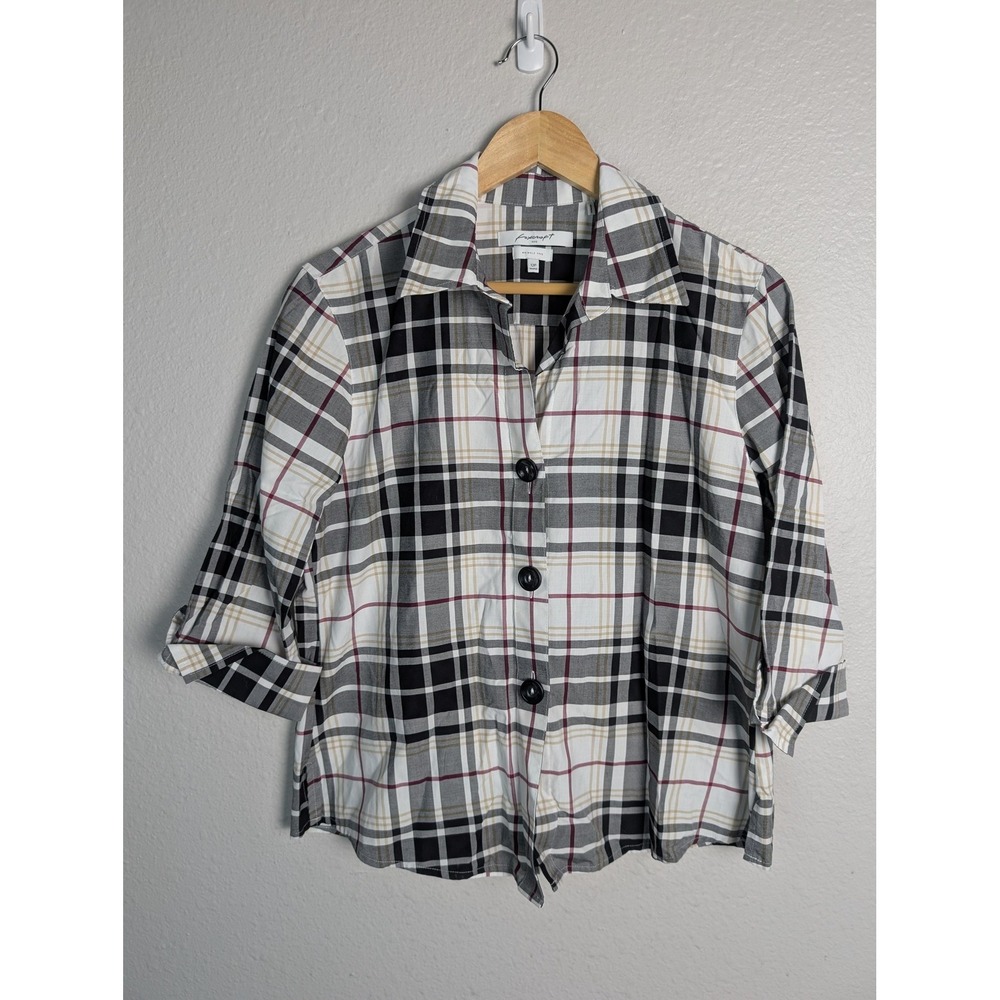 Foxcroft Button-Up Womens 12P White Plaid Roll Tab Sleeve‎ Wrinkle Free